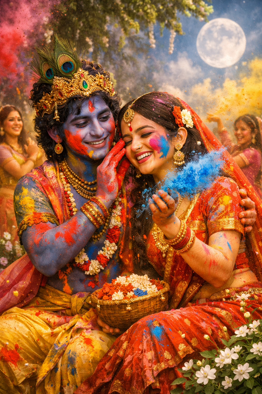 Radha and Krishna playing Holi throwing vibrant colored powder gulal laughing joyfully festival scene